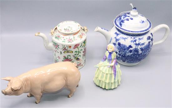 Blue & white teapot, Doulton biddy, Chinese teapot & a pig